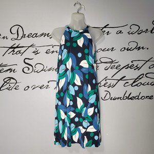 Ann Taylor Blue & Green Leaf Floral Print Swing Trapeze Halter Dress, 0